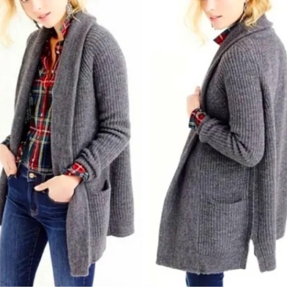 ALPACA WOOL J. CREW Open Front Gray Cardigan Pockets Slouchy Knit SZ XS Cozy EUC - Picture 3 of 16